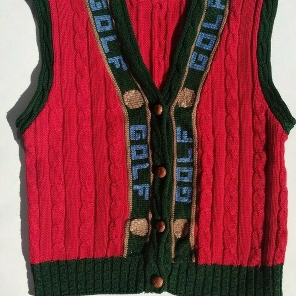 VTG Traditional Trading Co Women's Sz L Cotton Hand Knitted Golf Vest Red Green - Picture 2 of 7